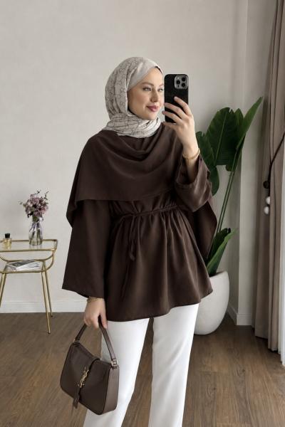 Şal Detaylı Modal Tunik Acı Kahve