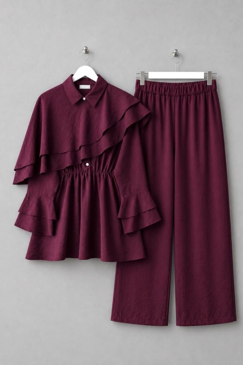 Cape Pantolonlu Takım Bordo