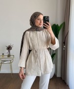 Şal Desen Jakarlı Gömlek Bej