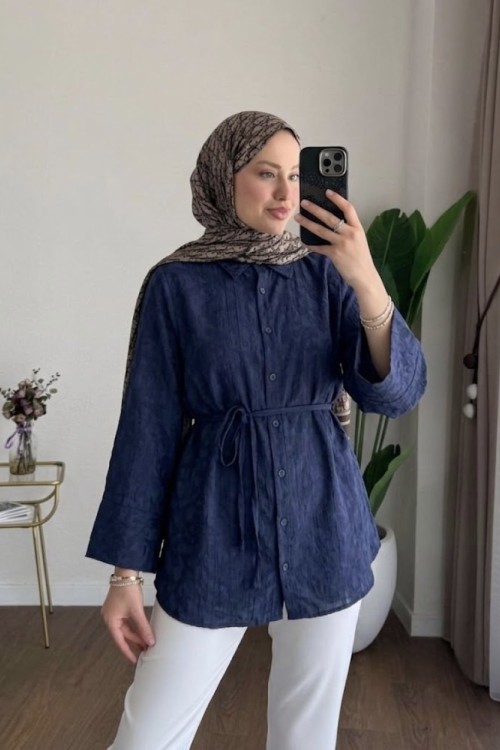Şal Desen Jakarlı Gömlek Lacivert