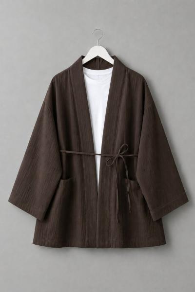 Cep Detaylı Müslin Kimono Acı Kahve