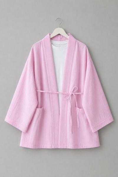 Cep Detaylı Müslin Kimono Şeker pembesi