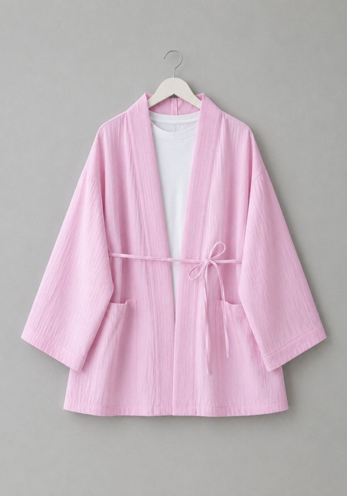 Cep Detaylı Müslin Kimono Şeker pembesi