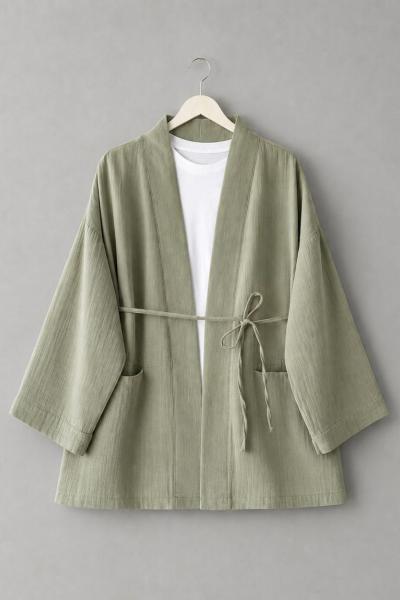 Cep Detaylı Müslin Kimono Çağla Yeşili