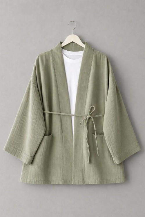 Cep Detaylı Müslin Kimono Çağla Yeşili