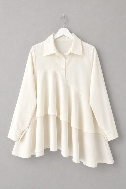 Volanlı Poplin Tunik Krem