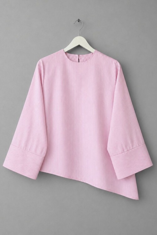 İnce Çizgili Asimetrik Bluz Pembe