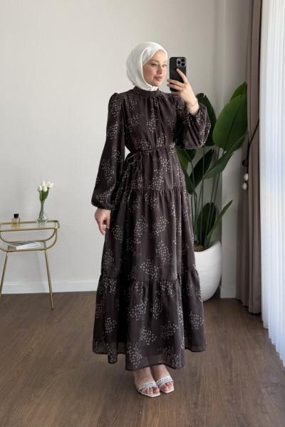 Flok Baskılı Kat Kat Elbise Koyu Kahverengi