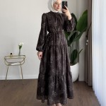 Flok Baskılı Kat Kat Elbise Koyu Kahverengi