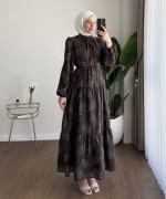 Flok Baskılı Kat Kat Elbise Koyu Kahverengi