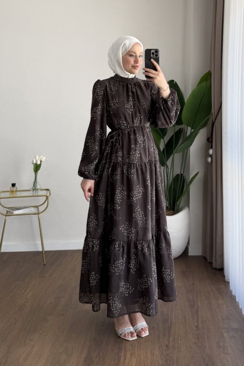 Flok Baskılı Kat Kat Elbise Koyu Kahverengi