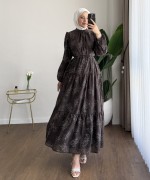 Flok Baskılı Kat Kat Elbise Koyu Kahverengi