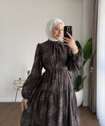 Flok Baskılı Kat Kat Elbise Koyu Kahverengi