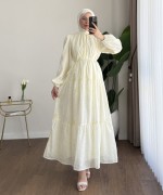 Flok Baskılı Kat Kat Elbise Sarı