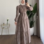 Flok Baskılı Kat Kat Elbise Kahverengi
