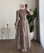 Flok Baskılı Kat Kat Elbise Kahverengi