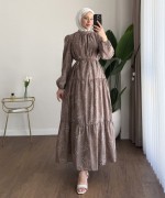 Flok Baskılı Kat Kat Elbise Kahverengi