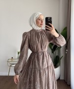 Flok Baskılı Kat Kat Elbise Kahverengi