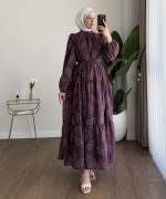 Flok Baskılı Kat Kat Elbise Mürdüm