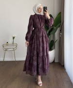 Flok Baskılı Kat Kat Elbise Mürdüm