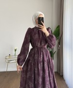Flok Baskılı Kat Kat Elbise Mürdüm