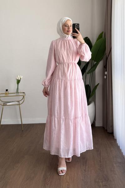 Flok Baskılı Kat Kat Elbise Pembe