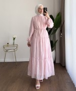Flok Baskılı Kat Kat Elbise Pembe