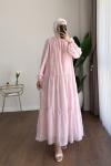 Flok Baskılı Kat Kat Elbise Pembe