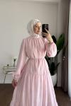 Flok Baskılı Kat Kat Elbise Pembe