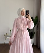 Flok Baskılı Kat Kat Elbise Pembe