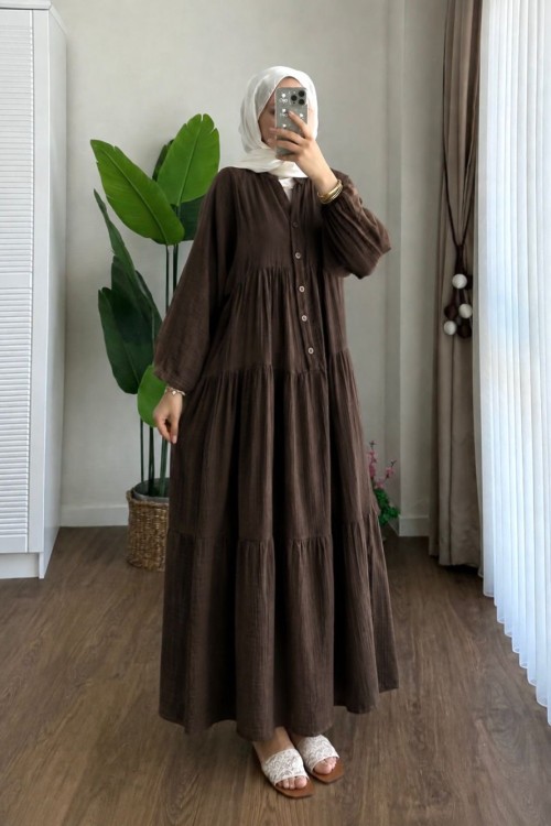 Oversize Müslin Elbise Koyu Kahverengi