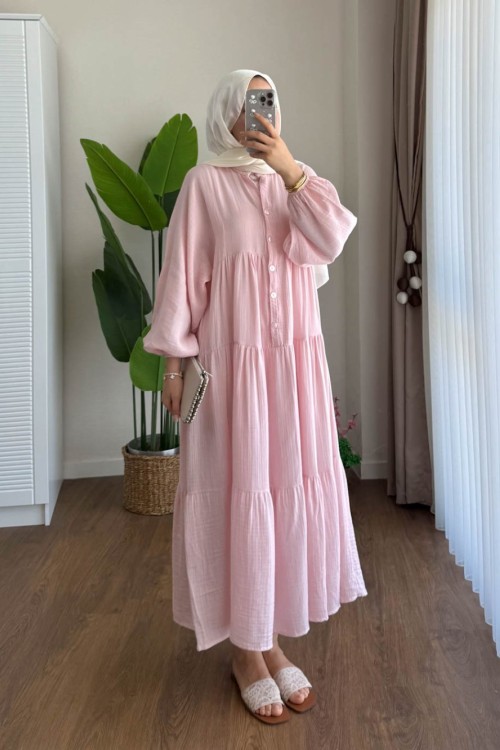 Oversize Müslin Elbise Şeker pembesi