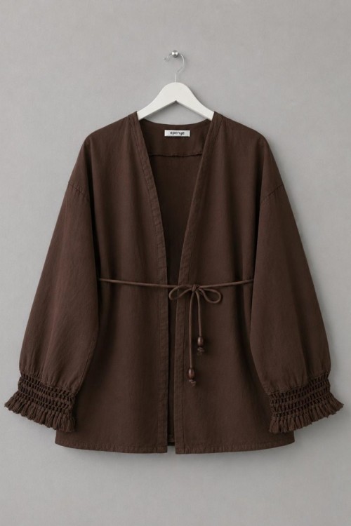 Kolu Püsküllü Keten Kimono Acı Kahve