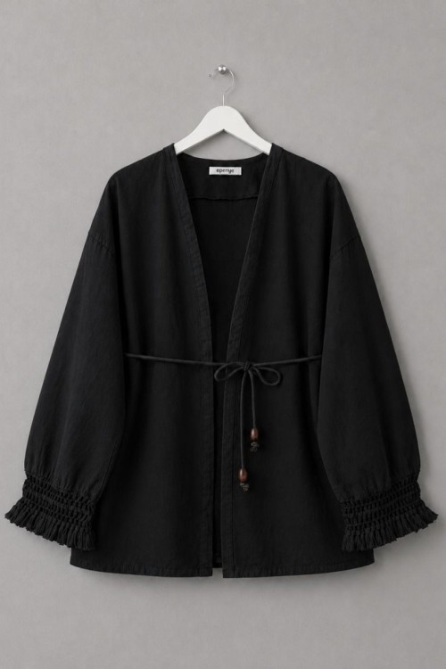 Kolu Püsküllü Keten Kimono Siyah