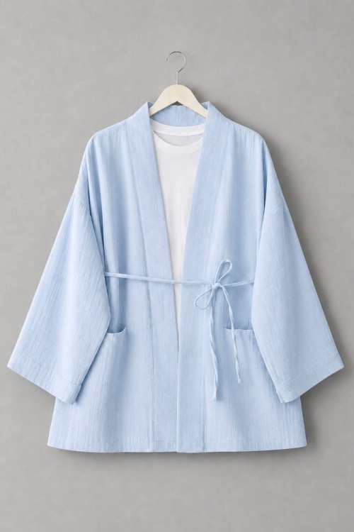 Cep Detaylı Müslin Kimono Bebe Mavisi