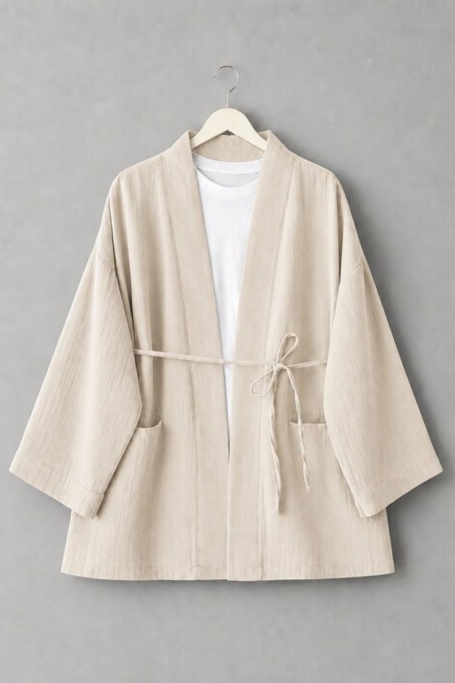 Cep Detaylı Müslin Kimono Bej