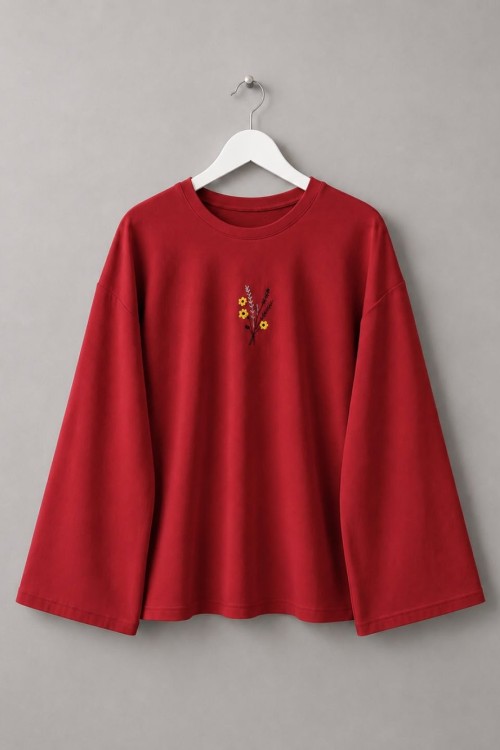 Nakışlı Salaş Sweatshirt Kırmızı