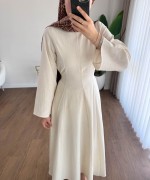 Kuşaklı Keten Elbise Krem