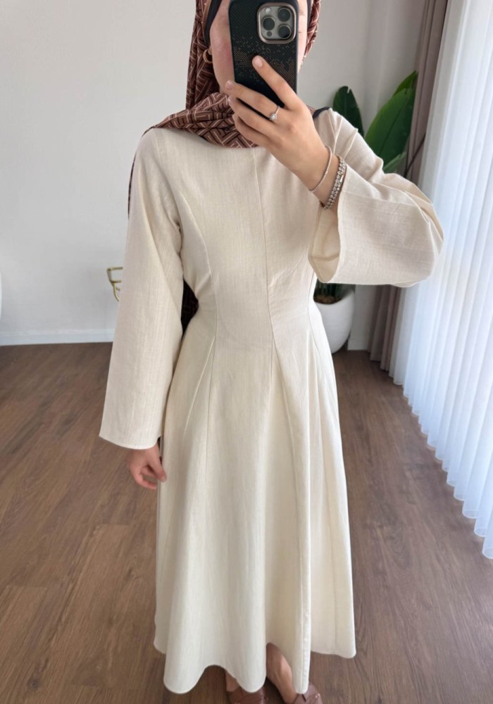 Kuşaklı Keten Elbise Krem