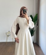 Kuşaklı Keten Elbise Krem