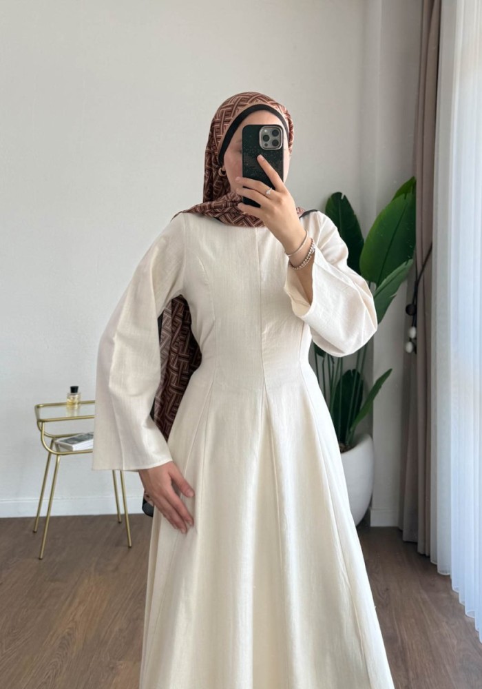 Kuşaklı Keten Elbise Krem