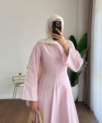 Kuşaklı Keten Elbise Pudra