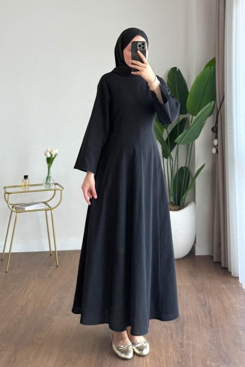 Kuşaklı Keten Elbise Siyah
