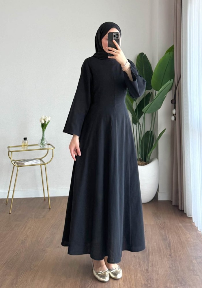 Kuşaklı Keten Elbise Siyah