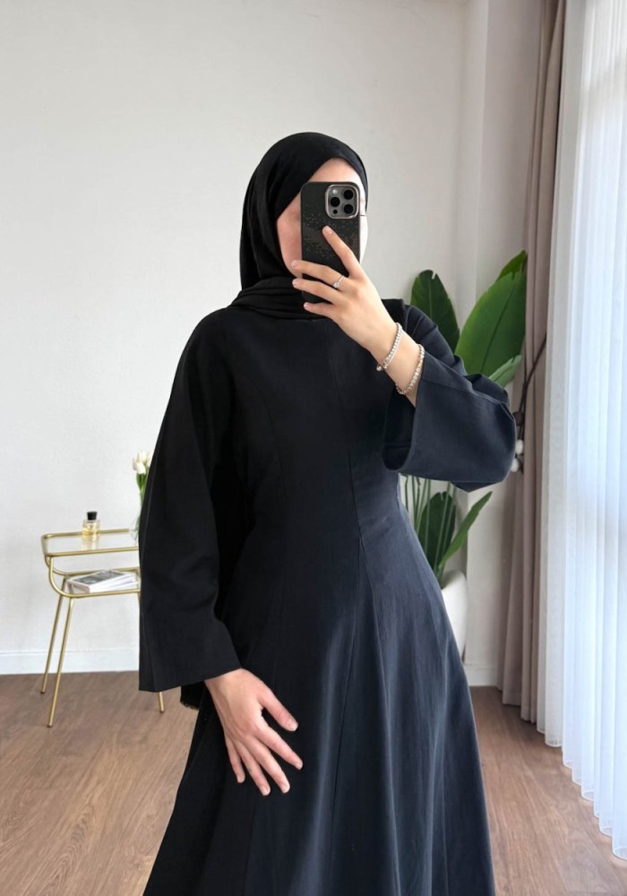 Kuşaklı Keten Elbise Siyah
