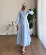 Kuşaklı Keten Elbise Bebe Mavisi