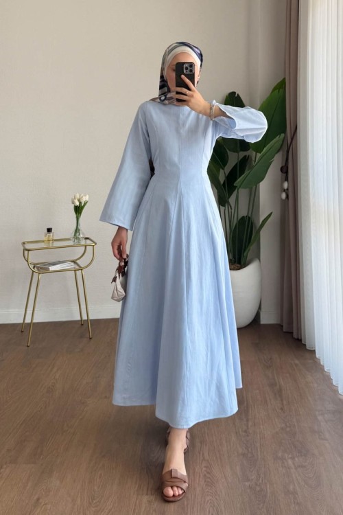 Kuşaklı Keten Elbise Bebe Mavisi