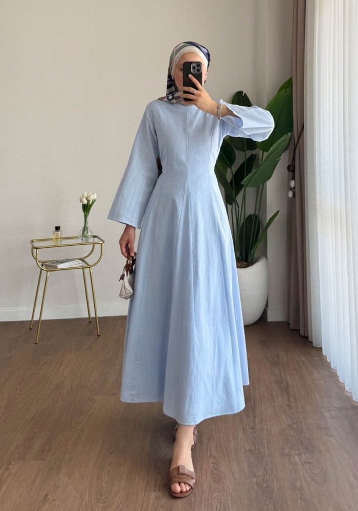 Kuşaklı Keten Elbise Bebe Mavisi