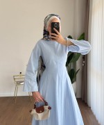 Kuşaklı Keten Elbise Bebe Mavisi