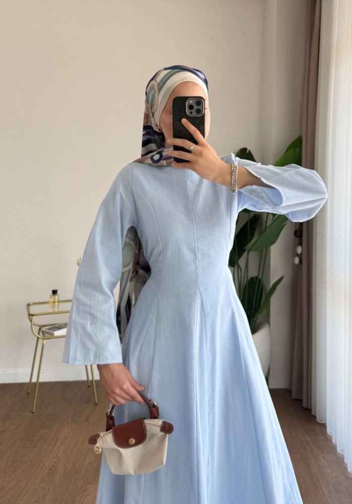 Kuşaklı Keten Elbise Bebe Mavisi